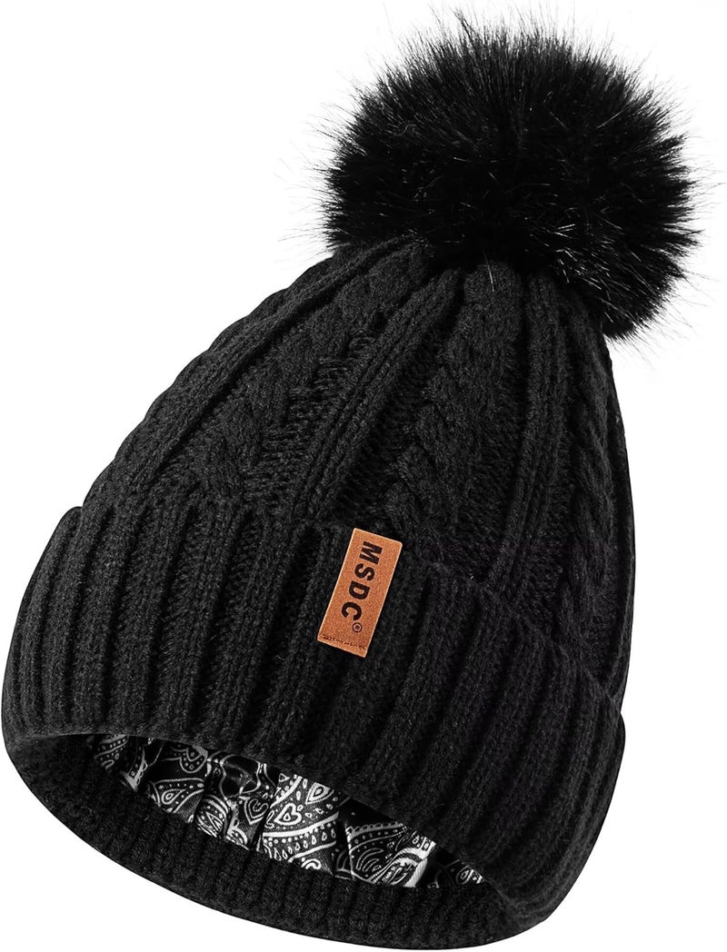 MSDC Satin Lined Beanie for Women with Pom Pom, Warm Womens Winter Hats with Silk Lined, Fashionable Knit Beanie Skull Cap - Image 1